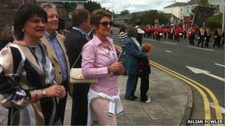 Arlene Foster, Peter Robinson and Iris Robinson in attendance at a parade