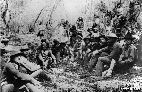 General George Crook, third from right (1829 - 1890) holds council with Apache leader Geronimo, centre left (1829 - 1909) for a three day conference at Canyon de los Embudos, Sierra Madre.