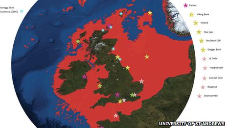 A map of the UK with Doggerland marked as red