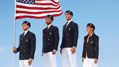 US Olympic athletes from left: swimmer Ryan Lochte, decathlete Bryan Clay, rower Giuseppe Lanzone and soccer player Heather Mitts