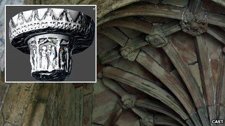 The well ceiling and (inset) one of the intricate carvings