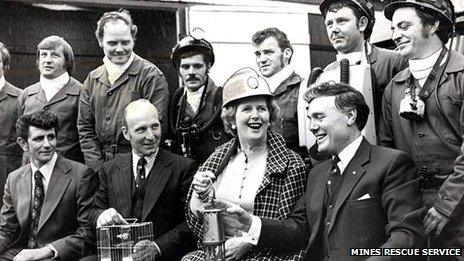 Margaret Thatcher meets the Mines Rescue Service team in Dinas, Rhondda