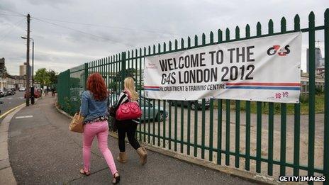 Prospective G4S employees arrive at their "London 2012 Recruitment and Training Centre" near the Olympic Park site on 17 July