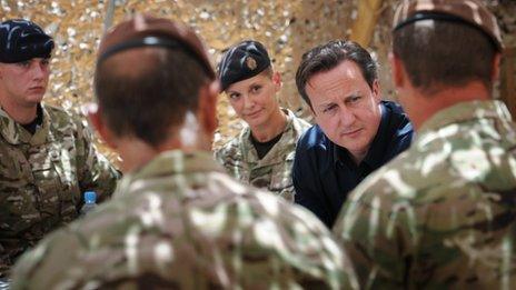 David Cameron meets British soldiers based at Lashkar Gah in Helmand Province