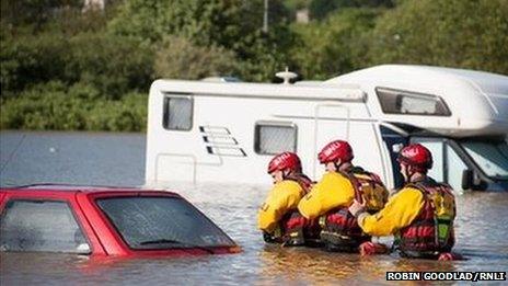 RNLI flood rescue team conduct a search in Aberystwyth