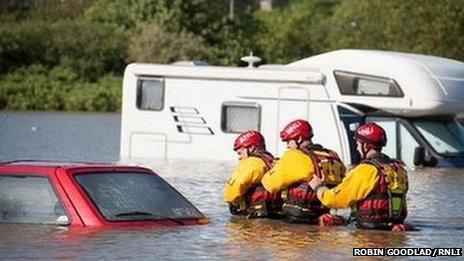 RNLI flood rescue team conducting a search in Aberystwyth