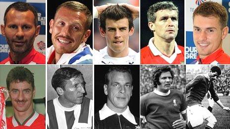 From top left clockwise: Ryan Giggs (Pic: Getty), Craig Bellamy (PA), Gareth Bale (PA), Mark Hughes (PA), Aaron Ramsey (PA), Billy Meredith (Hulton Archive), John Toshack (Hulton Archive), John Charles (Hulton Archive), Cliff Jones (Hulton Archive), Ian Rush (Getty)