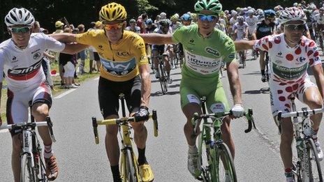 (l-r) Tejay van Garderen, Bradley Wiggins, Peter Sagan, Thomas Voeckler