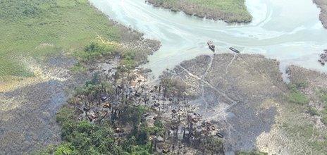 An illegal oil refinery photographed from the air