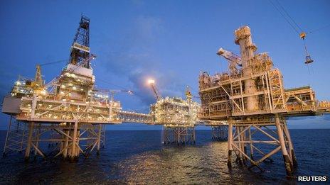 Nexen"s Galaxy III offshore rigs with the newly installed fourth platform in the foreground in the North Sea