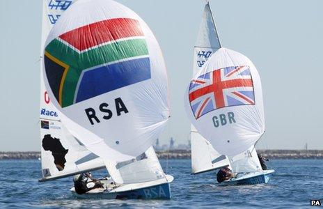 Great Britain's 470 Men sailors Luke Patience and Stuart Bithell in Portland Harbour, Dorset