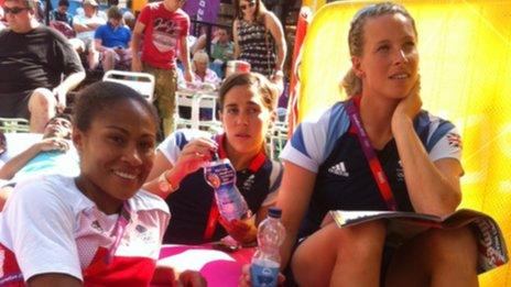 Great Britain women's players Rachel Yankey, Fara Williams and Rachel Brown watched Japan v Spain on the big screen at The Hayes in Cardiff