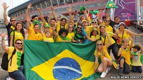 A carnival atmosphere, as Brazilian fans arrive at the Millennium Stadium