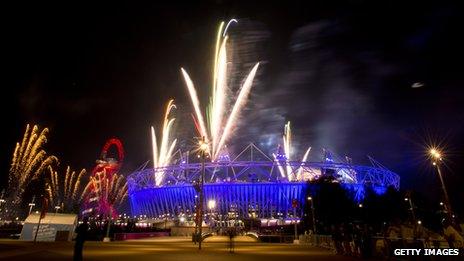 Fireworks over Olympics stadium after dress rehearsal for opening ceremony