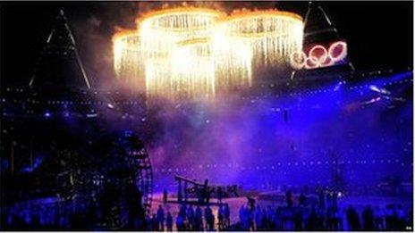 Olympic rings alight during the Olympic Games 2012 Opening Ceremony