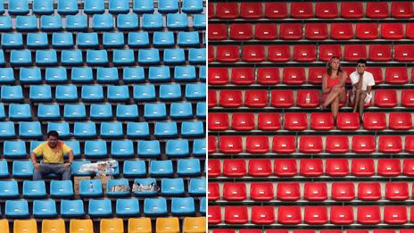 Left-hand-side:Lone spectator at preliminary match of women's beach volleyball, August 2008. Right-hand-side: Two fans watching men's preliminary football game, August 2oo4.