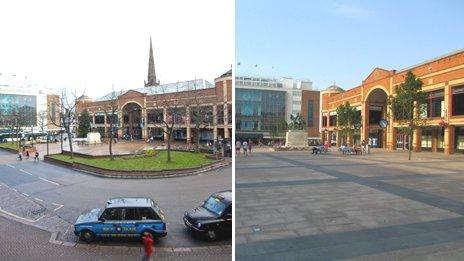 Broadgate before and after pedestrianisation