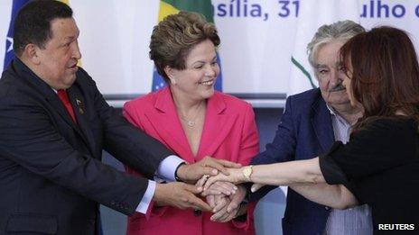 (L-R) Hugo Chavez, Dilma Rousseff, Jose Mujica and Cristina Fernandez de Kirchner, 31 July in Brasilia