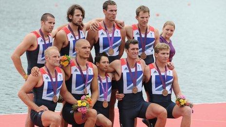 GB men's eight celebrating Olympic bronze medal at London 2012