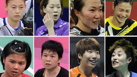 South Korea's Kim Ha Na, Ha Jung-Eun, Kim Min-Jung, Jung Kyung-Eun. (Bottom Row L-R) Indonesia's Greysia Polii, Meiliana Jauhari and China's Wang Xiaoli and Yu Yang.