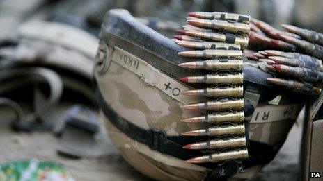 Helmet and bullets owned by a British soldier in Afghanistan