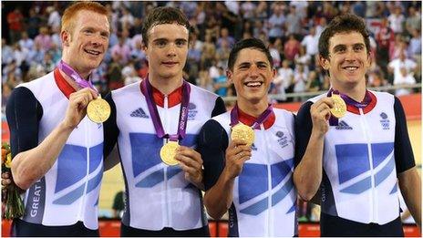 Team GB celebrate winning pursuit gold