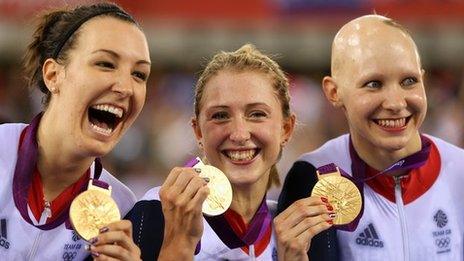 Dani King, Laura Trott and Jo Rowsell celebrate their victory