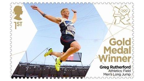 The stamp featuring Gold medal winner Greg Rutherford