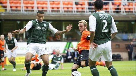 Johnny Russell scores for Dundee United against Hibernian