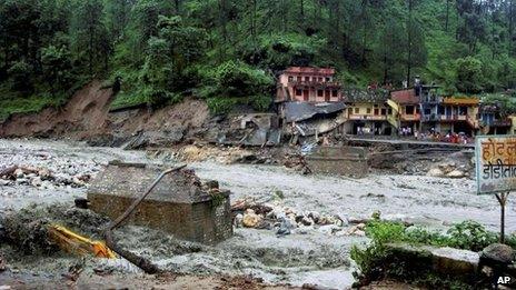 An overflowing river after a flash flood in Uttarkashi district on Saturday 4 August 2012