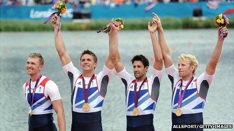 Great Britain's Alex Gregory, Pete Reed, Tom James and Andrew Triggs Hodge celebrate after winning the gold medal in the men's four final A of the rowing event during the London 2012 Olympic Games, at Eton Dorney