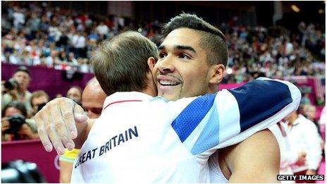 Louis Smith celebrates with coach