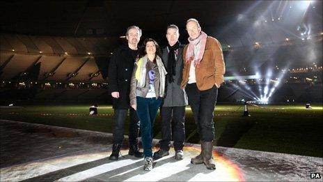 Closing ceremony creative team (left to right) Music Director David Arnold, Designer Es Devlin, Artistic director Kim Gavin and Lighting Designer Patrick Woodroffe