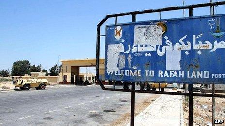 An Egyptian armoured personnel carrier is seen next to the Rafah border crossing with the Hamas-run Gaza Strip on 6 August 2012