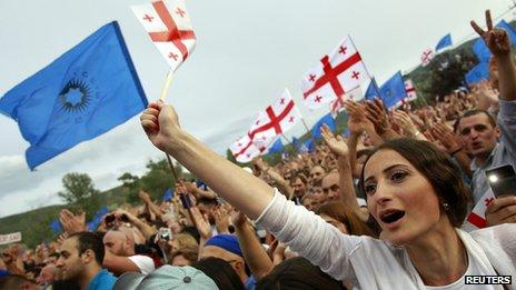 Supporters of Bidzina Ivanishvili at a rally in Mtskheta, outside Tbilisi