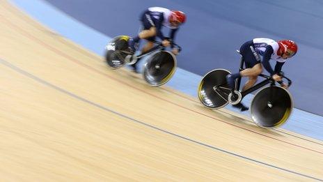 Kenny Jason and Chris Hoy in the men's team sprint track cycling qualifying round at London 2012