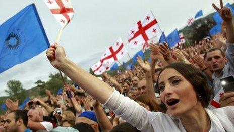 Supporters of Bidzina Ivanishvili at a rally in Mtskheta, outside Tbilisi