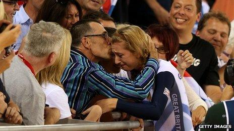 Laura Trott being kissed by her father Adrian after winning gold in the London 2012 women's omnium