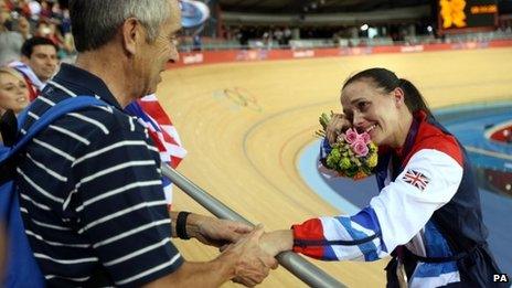 Victoria Pendleton and father Max after she won a silver medal in the sprint at London 2012