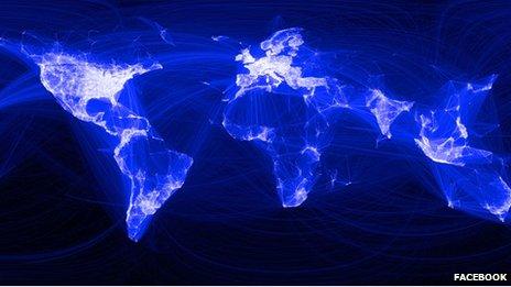 Visualisation of where people live in relation to their Facebook friends, 2010