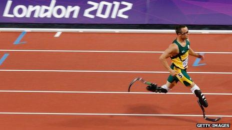 Oscar Pistorius of South Africa competes in the Men"s 400m Semi Final on Day 9 of the London 2012 Olympic Games