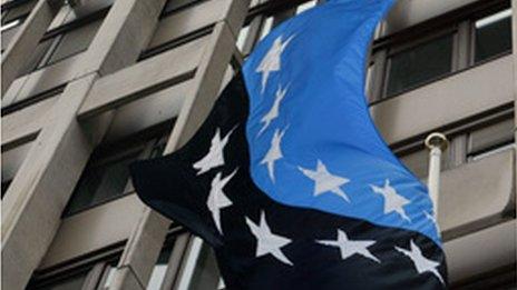 The European Coal and Steel Community Flag is up for the last time in front of the European Commission building 23 July 2002