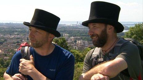 Ian Charles (left) and Gerald Dickens on Portsdown Hill above Portsmouth a few hours before they arrived in the city