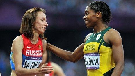 Caster Semenya (right) congratulates Mariya Savinova