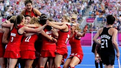 Britain's women celebrate winning bronze against New Zealand