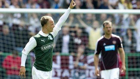 Leigh Griffiths celebrates his goal for Hibernian