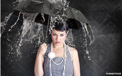 Woman in rain holding umbrella