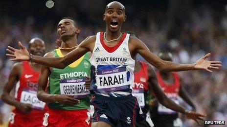 Britain"s Mo Farah reacts as he wins the men"s 5000m final at the London 2012 Olympic Games at the Olympic Stadium in this August 11, 2012 file photo.