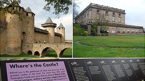 Carcassonne in France (l) and Nottingham Castle and an information board in Nottingham