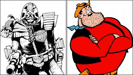 Judge Dredd (Copyright: Rebellion) and Desperate Dan